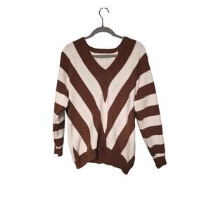 Sweater Womens Small V-Neck Long Sleeve Brown White Stripe Cozy Fall Preppy Cute